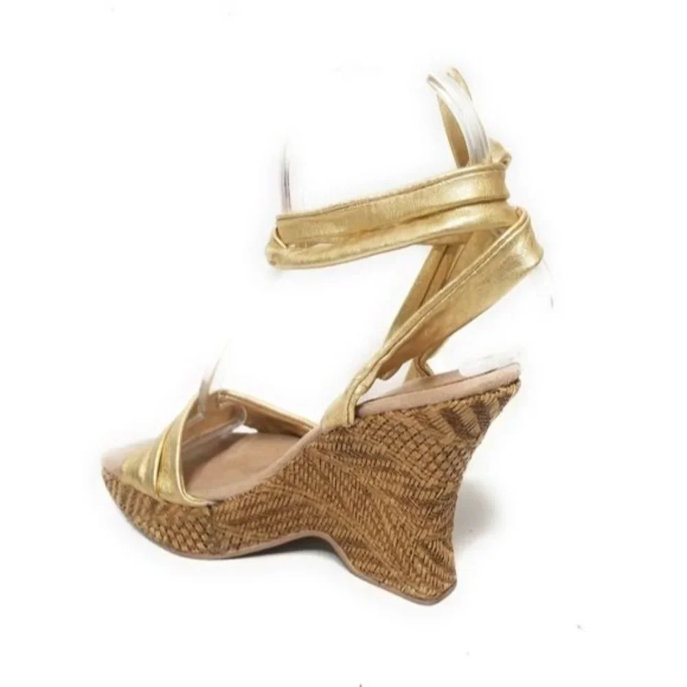 Seychelles Flamenco Lace Up Metallic Gold Wedge Cork Sandals Ankle Tie Size 6